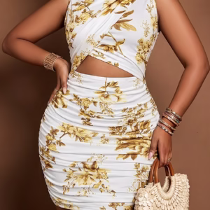 Plus Size, 2026 Spring/Summer Women's Geometric Print Pleated Bodycon Mini Dress, High Neck Cutout Sleeveless Cocktail Gown, Women's Sexy Party Nightclub Outfit