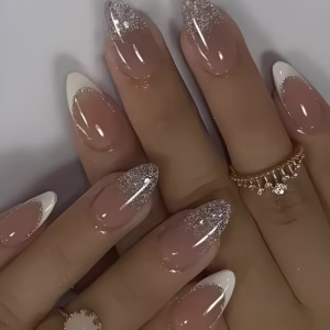 24pcs Medium Almond Shape Press-On Nails - Nude Shimmer Ombre, with Sparkling Pink Dot Matte, Nail File Accessory, Gel