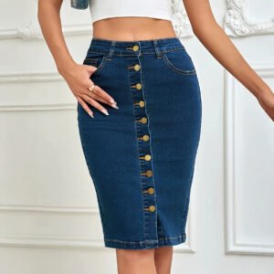 One-piece Front-button Stretch Denim Midi Skirt