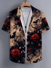 Men'S Fashion Rose Print Short Sleeve Shirt - Black Hawaiian Casual Button-Up, Unique Floral Design, Casual Shirt, Lightweight Shirt - Image 4