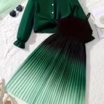 Girls' Fashion Elegant Dress Set, Moss Green Gradient Pleated Cami Dress And Solid Long Sleeve Shirt, Casual Vacation Party Temperament, Spring Fall Style, for Outdoor