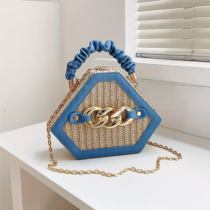 New Fashion Niche Versatile, Trendy And Trendy Chain Grass Woven Bag, Single Shoulder Bag, Diamond Bag, Crossbody Bag, Handbag Box