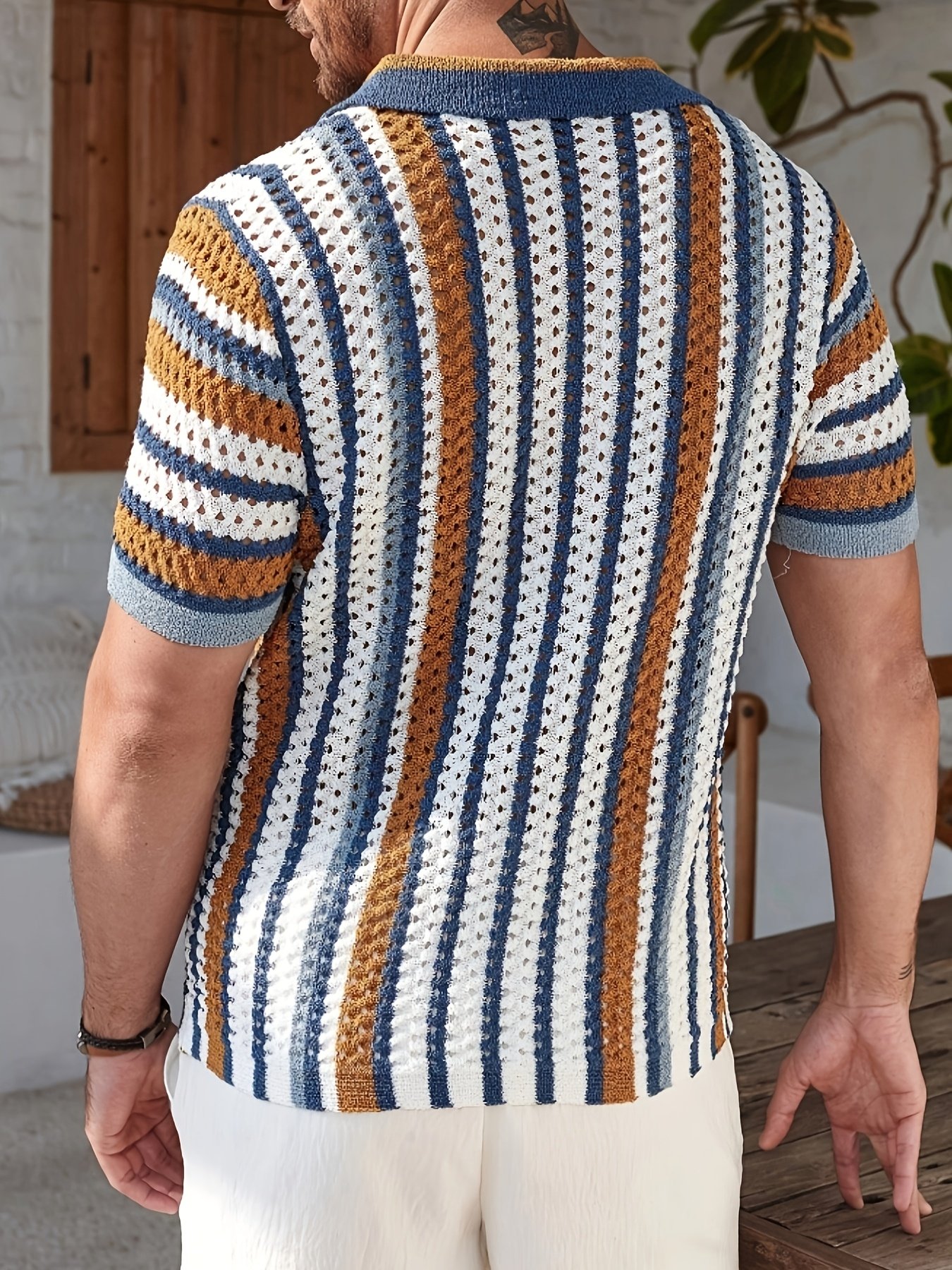 Men's Color-Block Striped Pattern Front-Button Short-Sleeve Knit Top, Summer Men's Shirt, Men's Vacation Wear Striped Knitwear - Image 5