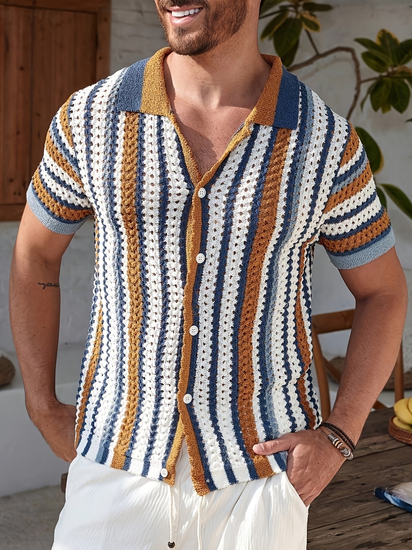 Men's Color-Block Striped Pattern Front-Button Short-Sleeve Knit Top, Summer Men's Shirt, Men's Vacation Wear Striped Knitwear - Image 4