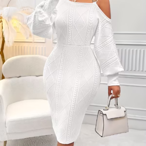 Asymmetrical Neckline Lantern Sleeve Bodycon Dress