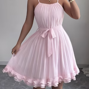 Sleeveless Square Neck Camisole Pleated A-Line Ruffle Hem Elegant Romantic Women'S Dress
