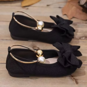 1 Pair Black Fabric Big Bow Soft Flat Slip-On Shoes, Large Pearl Minimalist Decor Design, TPR Sole, Round Toe, Fashion Classic Casual Shoes For 3-12 Years Old Girls, Suitable For Daily, Vacation, Campus, Outdoor Wear, Autumn/Winter New 2026