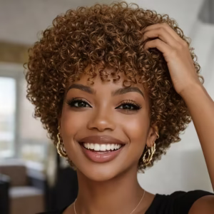 AMECIRE Women' Human Hair Wig Suitable for People - 180% Density Short Pixie Afro with Bangs, Jerry Curl Curly Hair Wig, Breathable Net Cap, Volume for Dreadlocks & Twists, Machine-Made Wig for Casual Attire, Weddings
