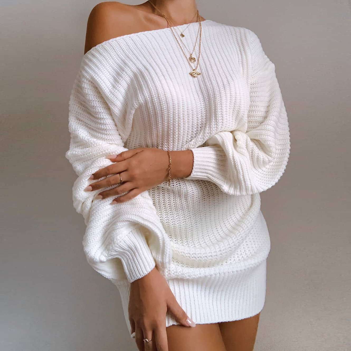 OrangeA Women Off Shoulder Knitted Sweater Dress Autumn Winter Loose Long Sleeve Solid Ladies Tunic Elegant Streetwear Dresses - Image 2