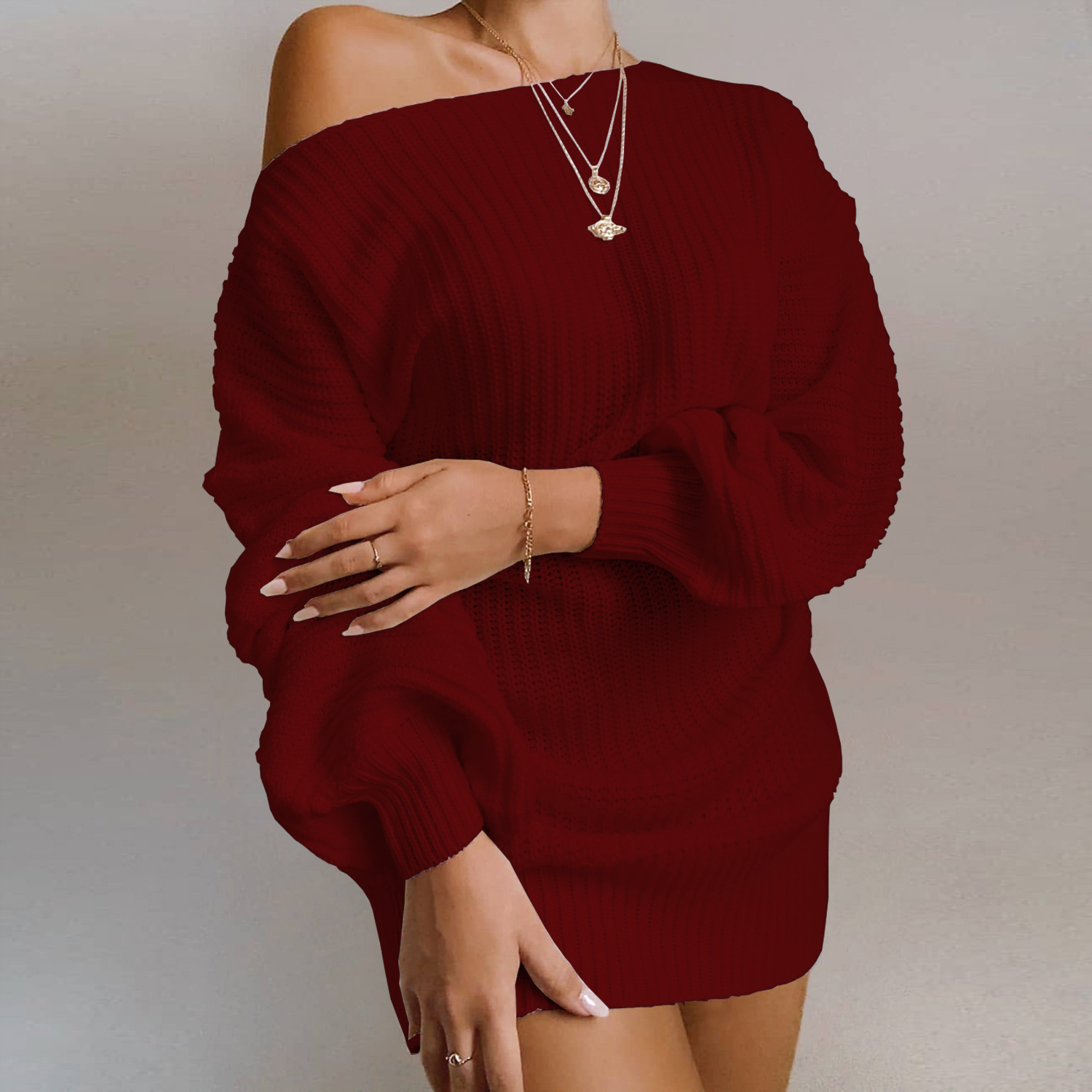 OrangeA Women Off Shoulder Knitted Sweater Dress Autumn Winter Loose Long Sleeve Solid Ladies Tunic Elegant Streetwear Dresses - Image 8