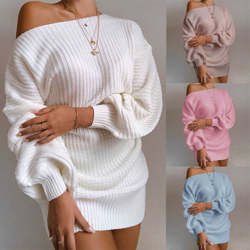 OrangeA Women Off Shoulder Knitted Sweater Dress Autumn Winter Loose Long Sleeve Solid Ladies Tunic Elegant Streetwear Dresses - Image 4