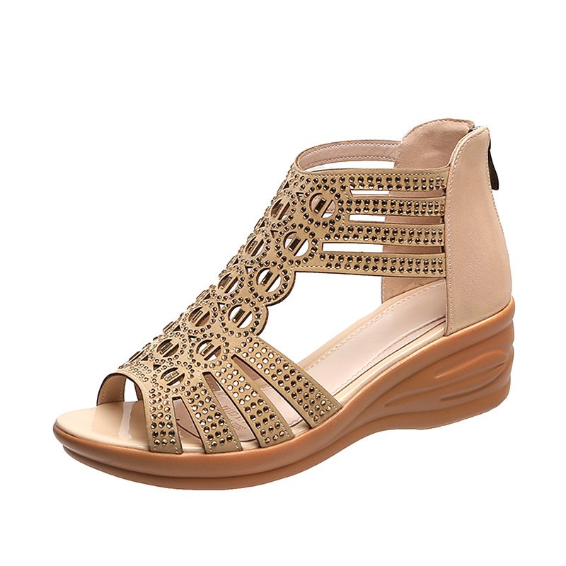 Woman Sandals Women Cyrstal Comfortable Pumps Ladies Fashion Wedges Female Rome Bling Hollow Out Shoes Women's Zip Footwear - Image 4