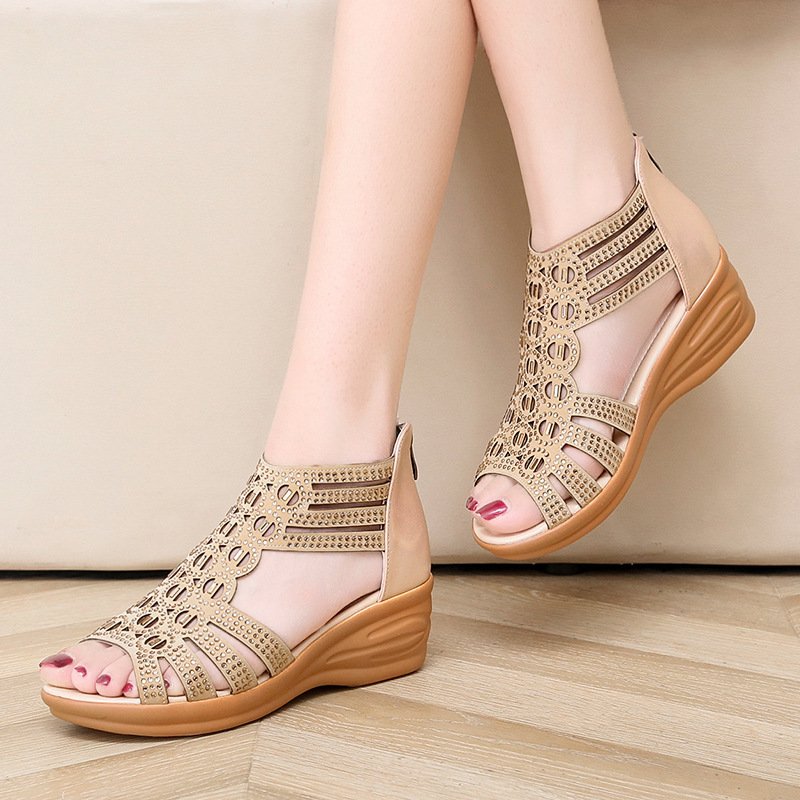 Woman Sandals Women Cyrstal Comfortable Pumps Ladies Fashion Wedges Female Rome Bling Hollow Out Shoes Women's Zip Footwear - Image 2