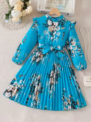 Girls' Fashion Versatile Elegant Lake Blue Floral Print Long Sleeve Waist-Cinching Pleated Dress Suitable for Outdoor Commuting Gatherings Travel Holiday Gift - Image 2