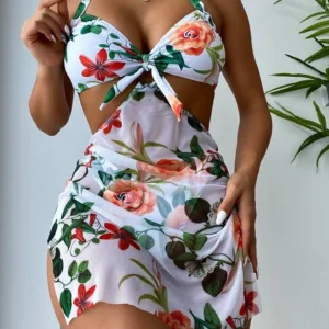 SHEIN Swim Summer Beach 3packs Floral Print Halter Bikini & Detachable Beach Skirt