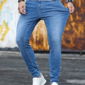 Manfinity Homme Men Cotton Zip Fly Skinny Jeans Plain Slim Fit Long Washed Navy Blue Cargo Light For Husband, Boyfriend Gifts Work Urban Vacation