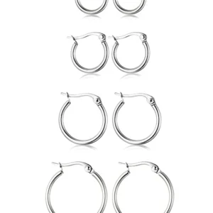 4 Pairs Silver Hoop Earrings Set Stainless Steel Cute Huggie Earrings For Women Rounded Small Hoop Earrings 10/12/15/20MM