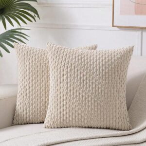 1pc/2pcs Beige Bohemian Striped Throw Pillow Cover (Pillow Insert Not Included), Soft Plush Corduroy Solid Color Decorative Square Pillow Cover, Suitable For Holiday, Sofa, Bedroom, Bed, All Seasons Use.