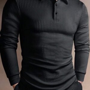 Calvornis Men Solid Textured Polo Formal Shirt, Fall, Long Sleeve Top, Ceremony