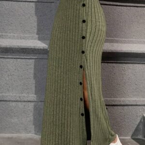 SHEIN Essnce High Waist Button Detail Split Thigh Fake Button Ribbed Knit Skirt