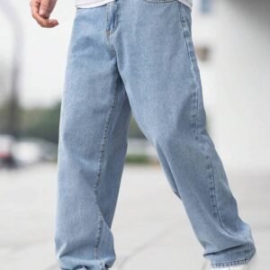 Manfinity Roughcore Men's Loose Fit Cotton Jeans,Baggy Skater Jean With Slant Pockets,Aqua Blue Washed Denim,Summer Casual Streetwear,City Break Urban Y2K Cargo Pants