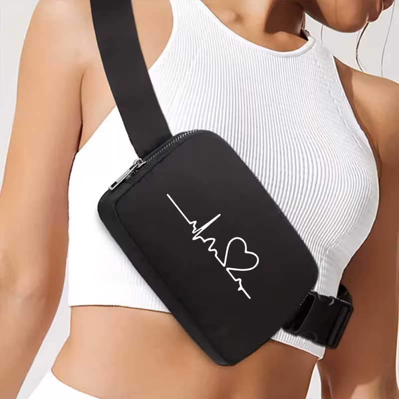 Chic Black ECG Print Belt Bag with Adjustable Strap, Multi-Functional Crossbody Bag for Outdoor Sports & Everyday Use, for Teenager