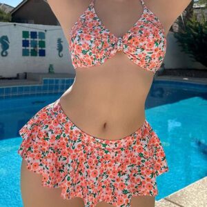 Swim Mod Summer Beach Floral Print Front Knot & Ruffle Trimmed Bikini Set