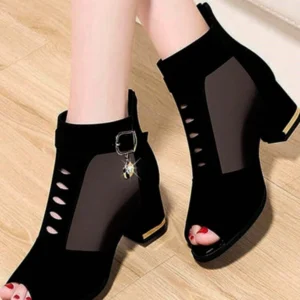 Breathable Mesh Upper High-Heel Sandals For Summer, Comfortable Chunky Heels With Open Toe And Back Zipper, Elegant Office Lady Dress Shoes