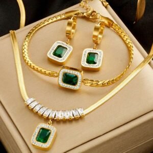RAYQUEEN Stainless Steel Elegant Design Green Fully Decorated Pendant Necklace + Bracelet + Earrings Set For Women, Suitable For Daily Wear, Great Gift