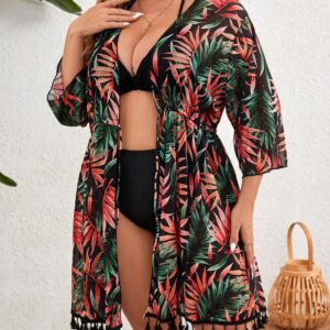 Swim Lushoire Plus Size Women Vacation Style Long Sleeve Kimono With Tree Leaf Print Summer