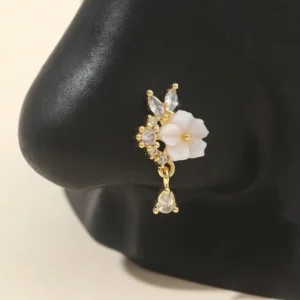 1pc Gold Color Crystal Embellished Fake Nose Piercing Clip-On Stud Nose Ring For Women, Daily Wear