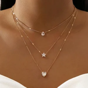 1pc Fashion Women Multilayer Retro Star, Heart, Waterdrop Pendant Necklace Valentines,Mom,Mother,Mother's Day,Gift