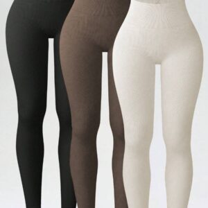 Velisys Velisys 3pcs Women's Seamless High Waist Stretchy Sports Leggings (Solid Color) Yoga Pants Brown&Black&Ivory Leggings