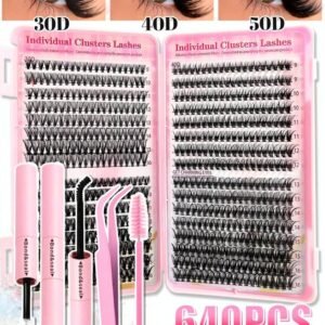 640pcs D Curl Eyelash Extension Kit, 9-16mm Mixed 30D-50D Single Lash, Fine Long Soft Lightweight Reusable Cluster Lashes, Includes Glue, Tweezers And Brush, Suitable For Daily Wear, Party, Wedding, Halloween And Other Occasions