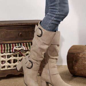 Fall/Winter 2025 Women's European & American Style Pleated Buckle Cone Heel Side Zipper Plus Size Knee-High Boots