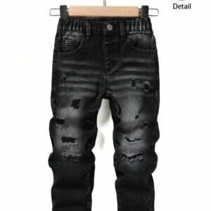 SHEIN Playful Pals Young Boy Dark Grey Distressed Ripped Jeans,Comfortable Elastic Waist Fitted Denim Pants,Back-To-School Winter 80s Career Day Chic Fashionable Casual