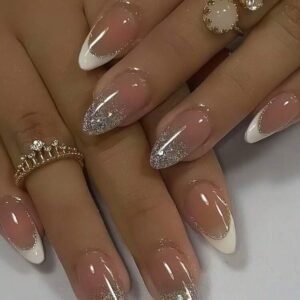 24pcs Almond Shaped Nail Art Sticker Set Instantly Elevate Your Nail Style! Simple Elegant White French Style, Shiny Stripes, Fashionable Nude Glitter Fake Nails, Full Coverage Fake Nail Stickers, Suitable For Women And Girls. Set Includes 1 Adhesive Sticker And 1 Mini Nail File, Jelly Gel, Randomly Shipped.