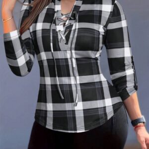 EMERY ROSE Women's V-Neck Drawstring Long Sleeve Plaid Design Casual T-Shirt Graphic Tees Women Tops For Spring
