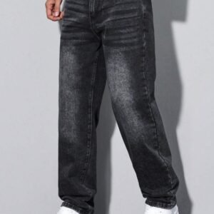 Manfinity Homme Men's Button Waistband Pockets Straight-Leg Casual Fashion Streetwear Jeans