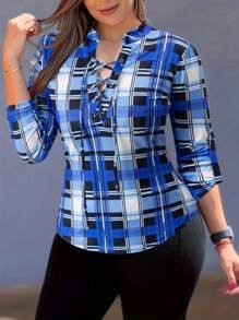 EMERY ROSE Women's Spring/Summer Plaid & Print Peephole Tie Long Sleeve Casual T-Shirt Graphic Tees Women Tops For Spring