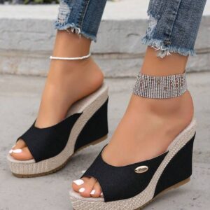 Women's Fashion Black, Red, Gray, Light Yellow Wedge Sandals, Lightweight Soft Thick-Soled Slip-On High Heel Mules, Contrast Color Heel Peep Toe Shoes, New Fisherman Sandals, Run Small By One Size