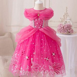 Glamorique Kids Young Girl's Princess Dress,Fuchsia Floral Print Mesh Princess Dress,Pastel Pink,Summer,Birthday Party,Partywear,Wedding Holiday Formal Gown,Jewel
