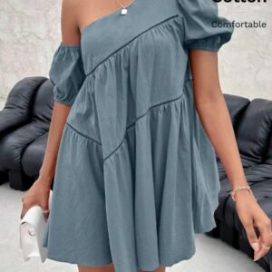 Firerie Solid Color Asymmetrical Collar Short Sleeve Dress