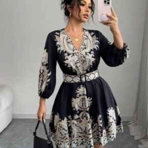 Breezaya Women's New Fashion Vintage Printed Long Sleeve Cinched Waist Waist Peplum Mini Dress