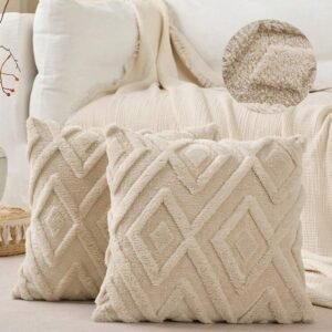 Set Of 2 Faux Fur Cream White Throw Pillow Covers 18x18,Soft Checkborad Pattern Decorative Boho Pillow Cover Case Cushion Cover For Sofa Couch Bed Livingroom Farmhouse,Modern Accent,Fall Decor,Autumn Decor,Room Decor