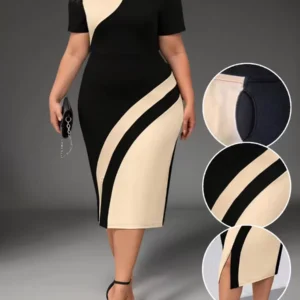 SHEIN Clasi Plus Size Women's Color Block Simple Daily Short Sleeve Dress