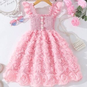 Glamorique Kids Young Girl' Baby Pink Summer 7th Birthday Dress,Solid Color Ru-Fle Floral Applique Splice Princess Party Flower Girl Vacation Dresses