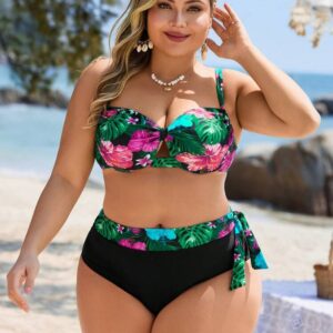 Swim Lushoire Plus Size Women 2pcs/Set Tropical Plant Print Ruffle Top & High Waist Triangle Bikini Set,Black Summer Boho Beach Holiday Vacation Swimsuit Summer