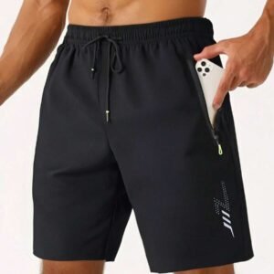 New Summer Thin Men's Five Inch Loose Athletic Shorts With Zipper Pockets, Reflective Print Running Workout Beach Fitness Sports Shorts For Men