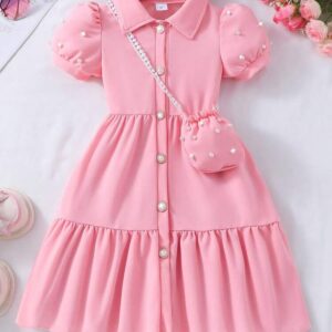 Genkimix Kids 1pc Young Girl Solid Color Collar Puff Sleeve Button Up Cute Dress With Small Bag, Suitable For Summer Summer Holiday